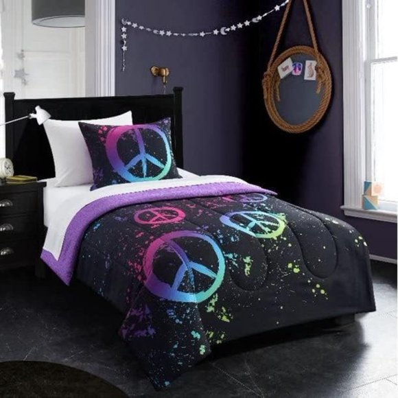 Peace Sign Comforter Sets Black with Neon Peace Sign 3 Pc Sets 🆕FAST📦🏃🏻💨⚡ - Picture 1 of 13